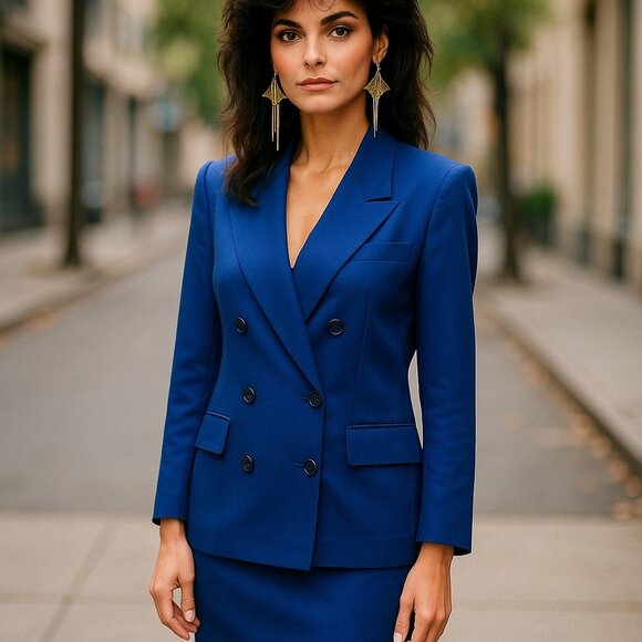 VTG CHRISTIAN DIOR Suit 12 14 Double Breasted Blue Wool Blazer Skirt Set Jacket - Picture 1 of 17